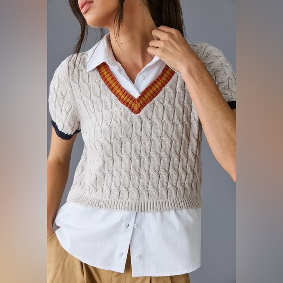 Anthropologie Sweaters - Anthropologie Maeve Twofer Cable Sweater Size Medium Short Sleeve